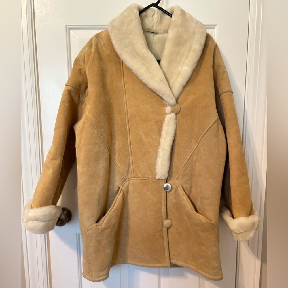 1980s Greg Bell Tan Suede Leather Jacket Coat Faux Sheepskin Women Sz L Oversize